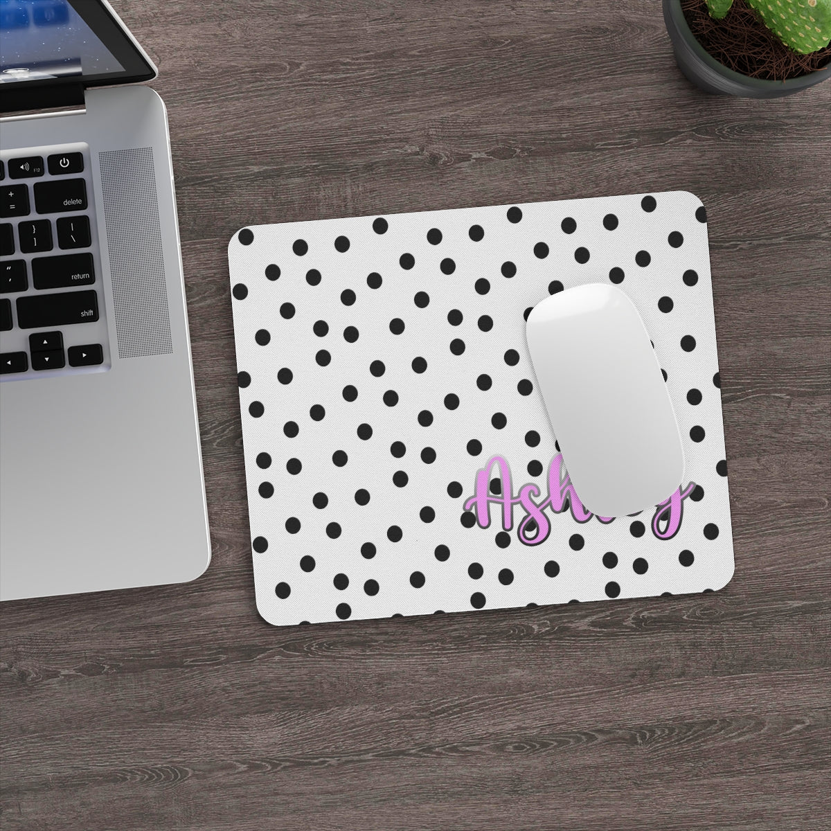 Personalized Black and White Polka Dot Mouse Pad with Pink Name