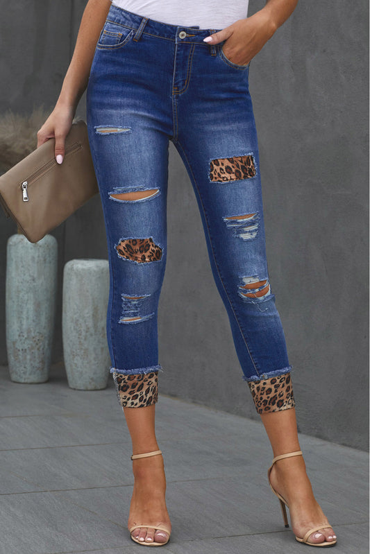 Baeful Leopard Patch Distressed Cropped Jeans - Premium  - Just $45! Shop now at Nine Thirty Nine Design