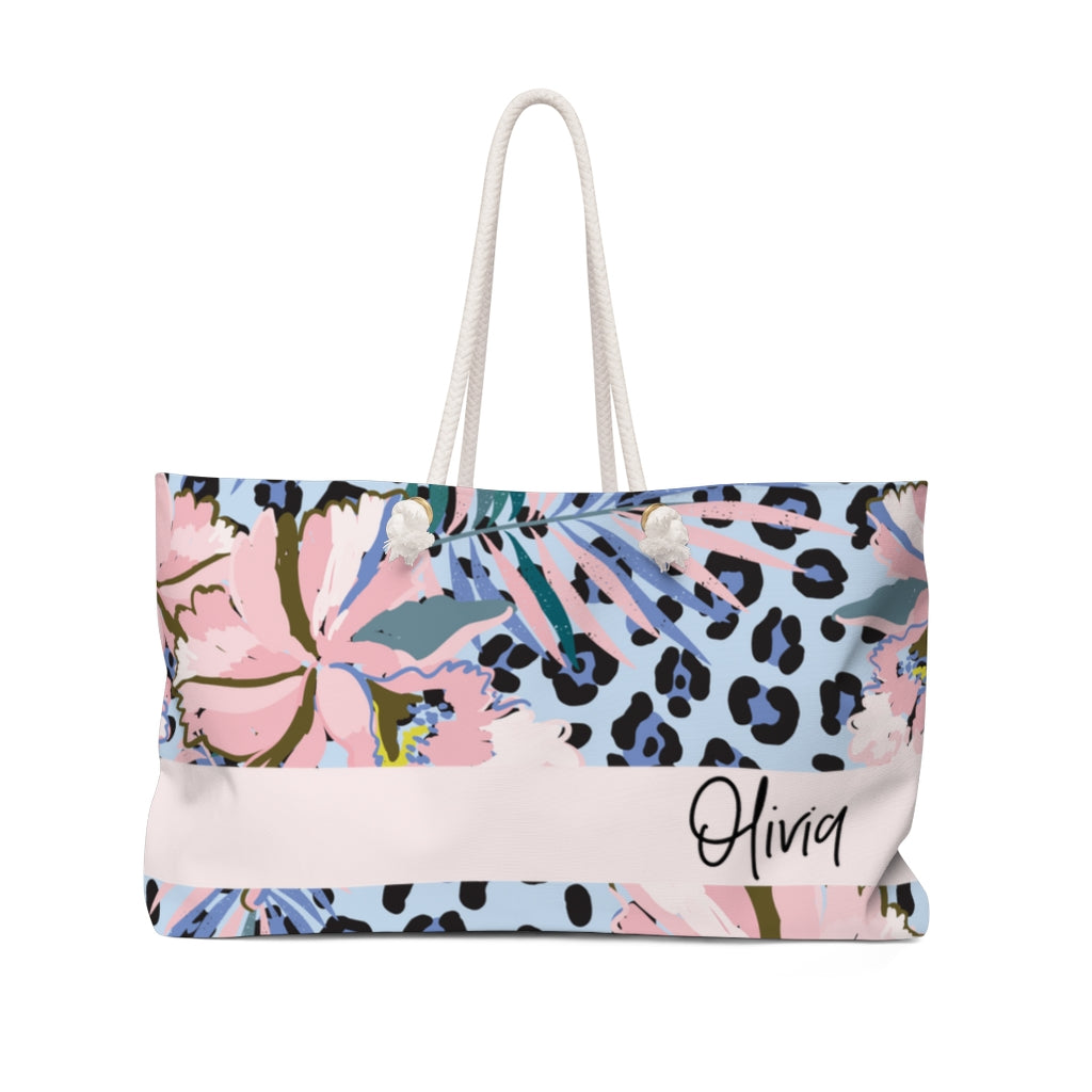 Custom Weekender Bag Women, Personalized Tote, Blue Floral Leopard Tote, Bride Bag, Carry On Bag, Gift for Her, Leopard Beach Bag - Premium Bags - Just $34.50! Shop now at Nine Thirty Nine Design