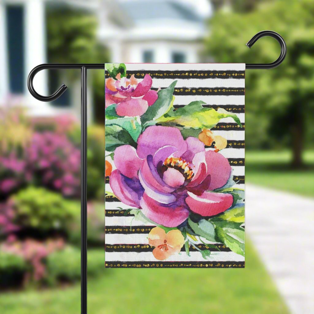 Hot Pink Peony with Black Striped Background Garden Flag