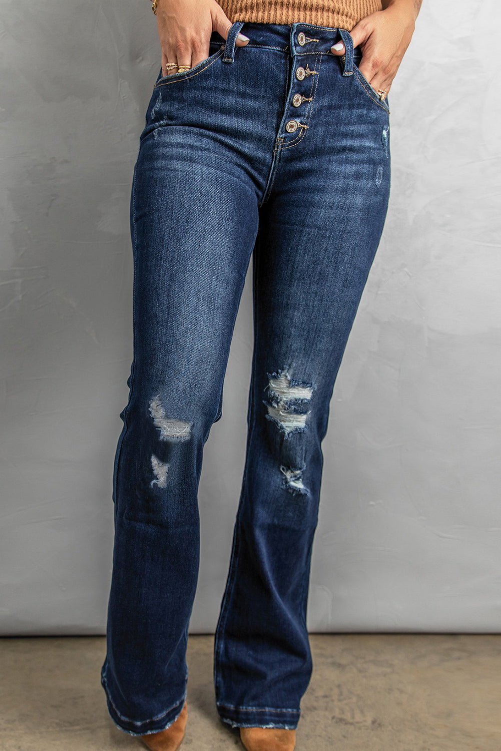 Button Fly Distressed Bootcut Jeans - Premium Jeans - Just $53! Shop now at Nine Thirty Nine Design