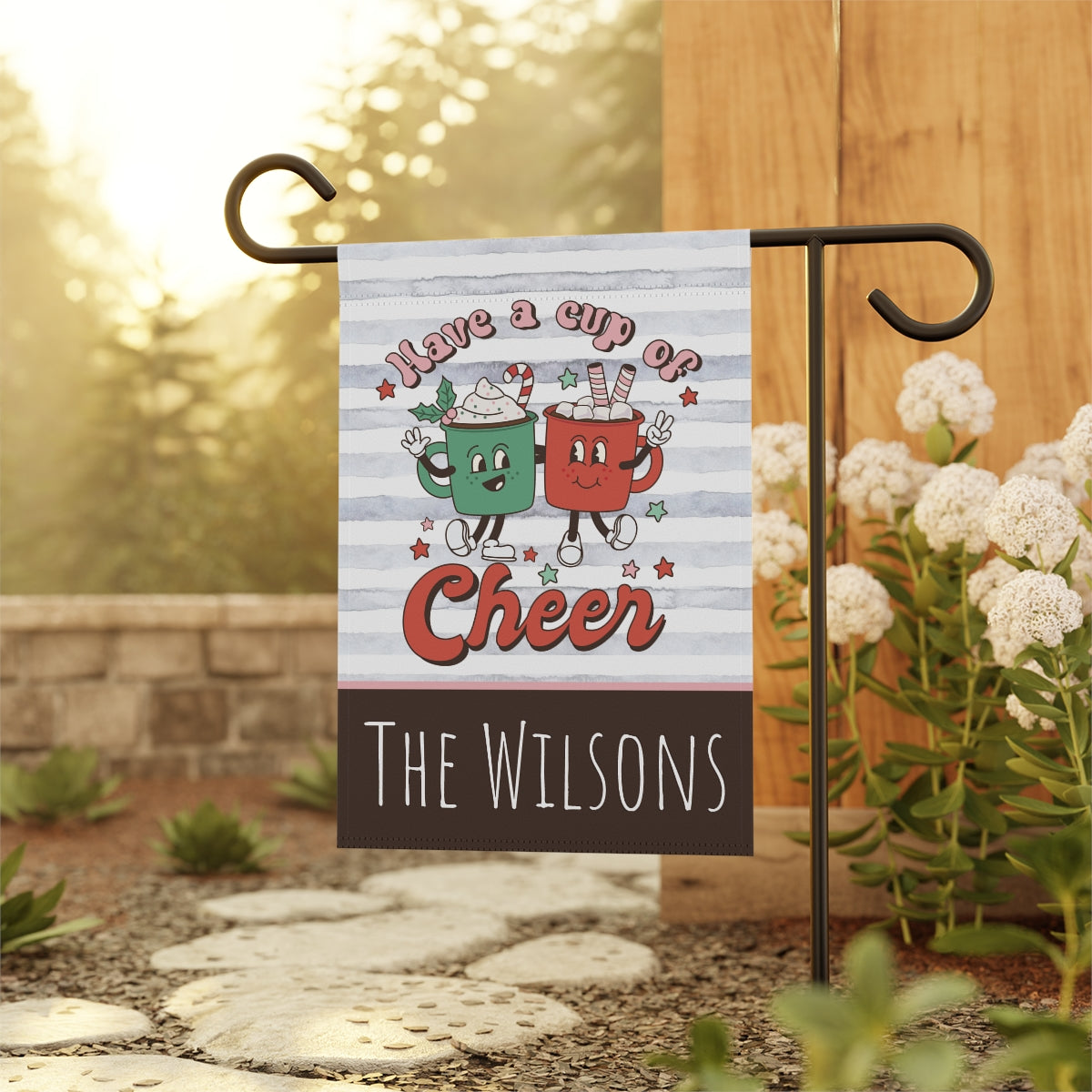 Cup of Cheer Retro Style Christmas Garden Flag - Personalized