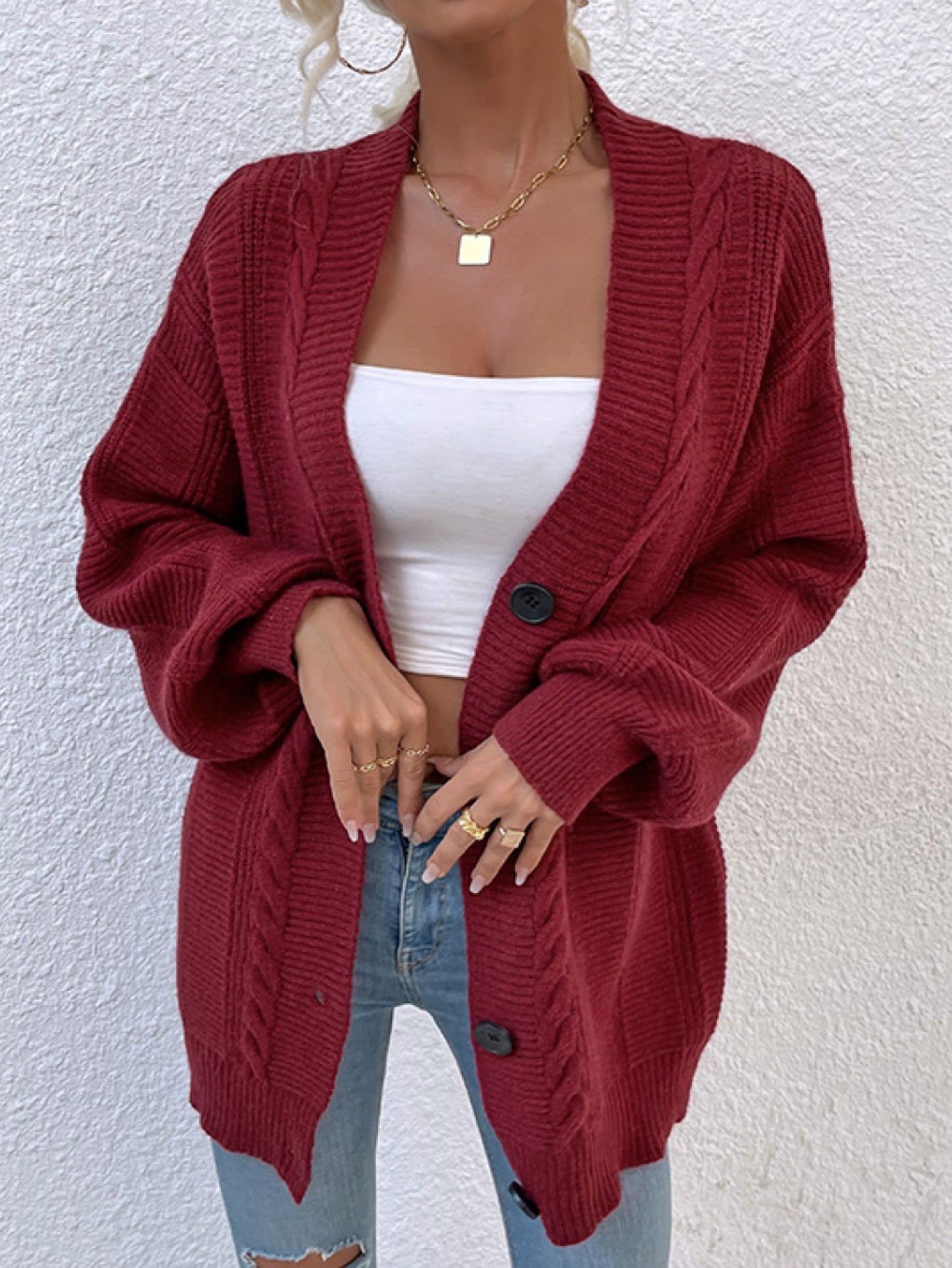 Red Chunky Cable-Knit Button Down Ribbed Trim Card