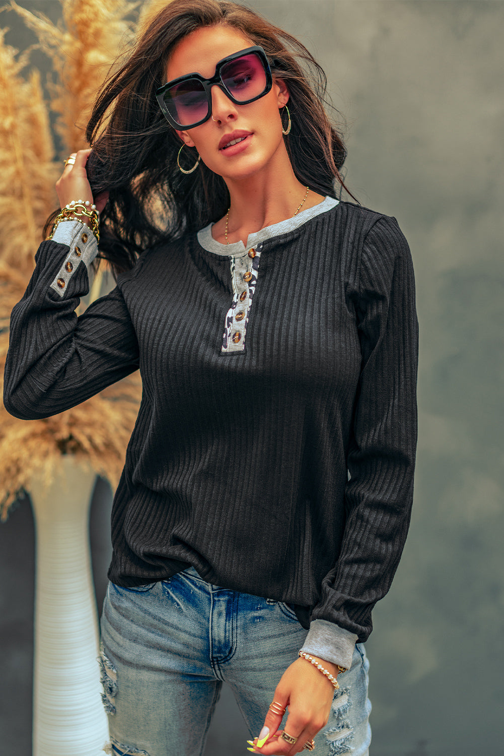 Contrast Ribbed Long Sleeve Henley Top