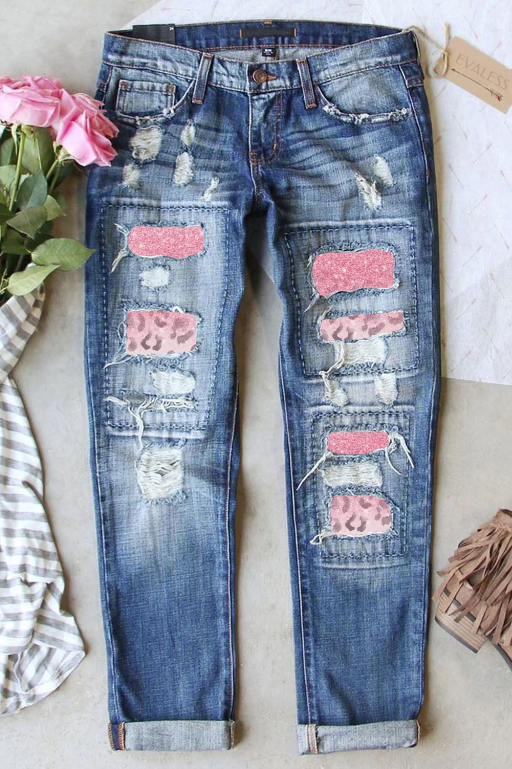 Leopard Patch Distressed Straight Leg Jeans - Premium Pants - Just $54! Shop now at Nine Thirty Nine Design