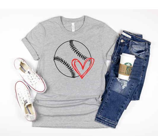 Baseball Heart Sketch Graphic Tee T-Shirt