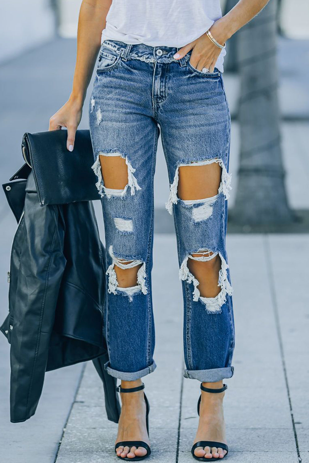 Distressed Frayed Trim Straight Leg Jeans - Premium Jeans - Just $54! Shop now at Nine Thirty Nine Design