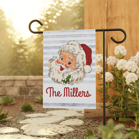 Personalized vintage santa garden flag with gray striped background