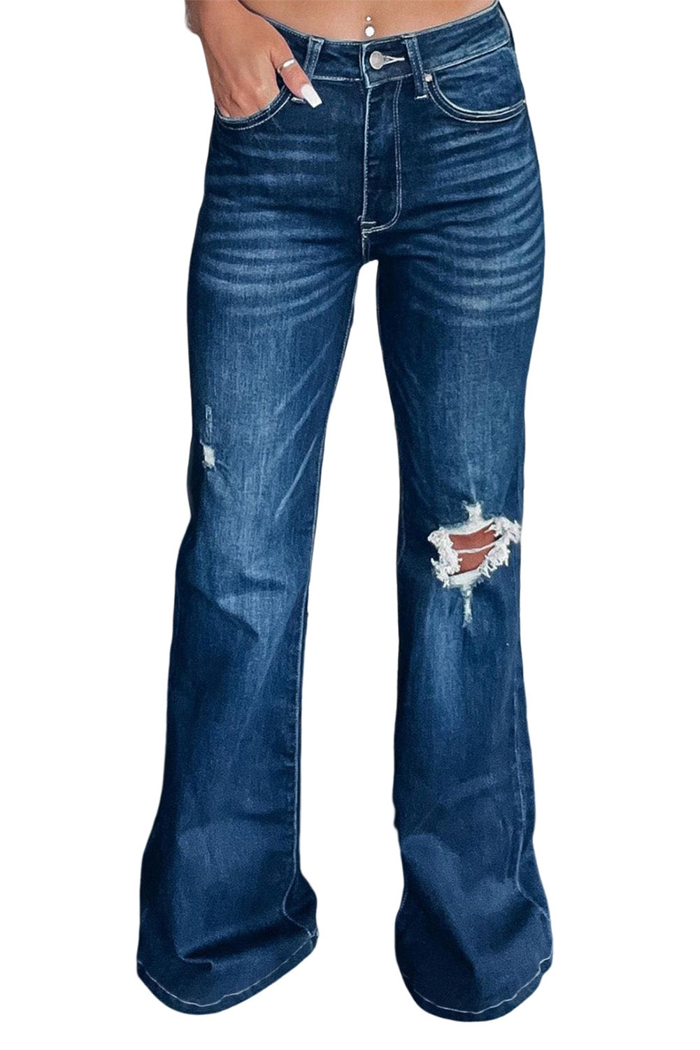 Asymmetrical Open Knee Distressed Flare Jeans - Premium Jeans - Just $45! Shop now at Nine Thirty Nine Design