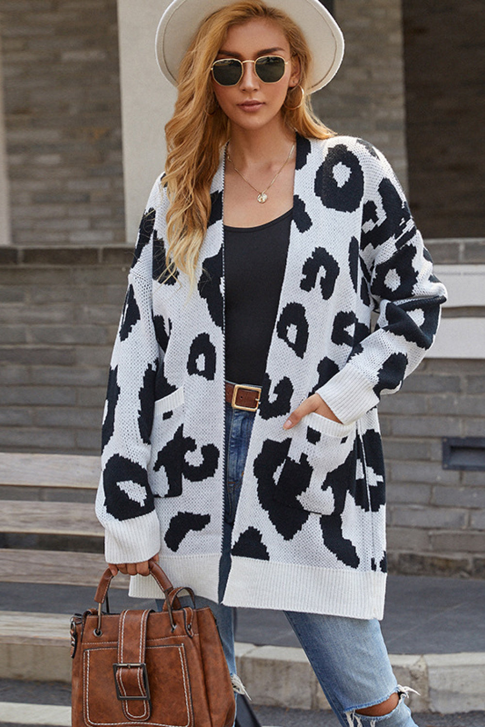 Leopard Print Open Front Sweater with Pockets