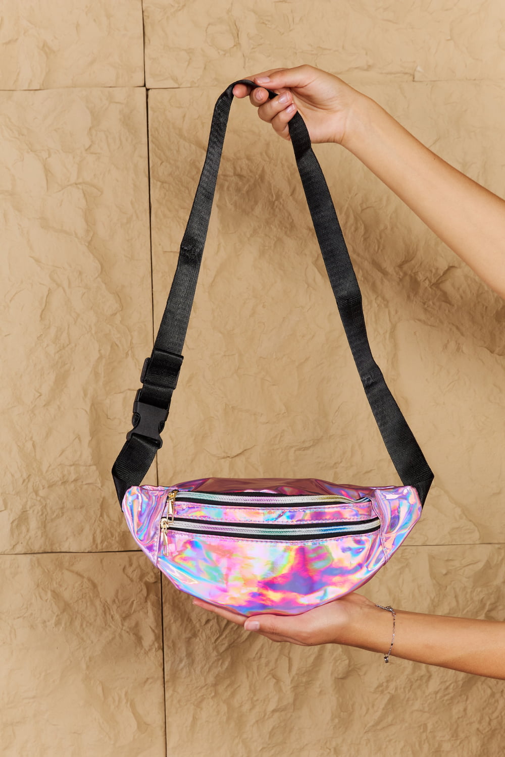 Fame Good Vibrations Holographic Double Zipper Fanny Pack in Hot Pink - Premium  - Just $25! Shop now at Nine Thirty Nine Design