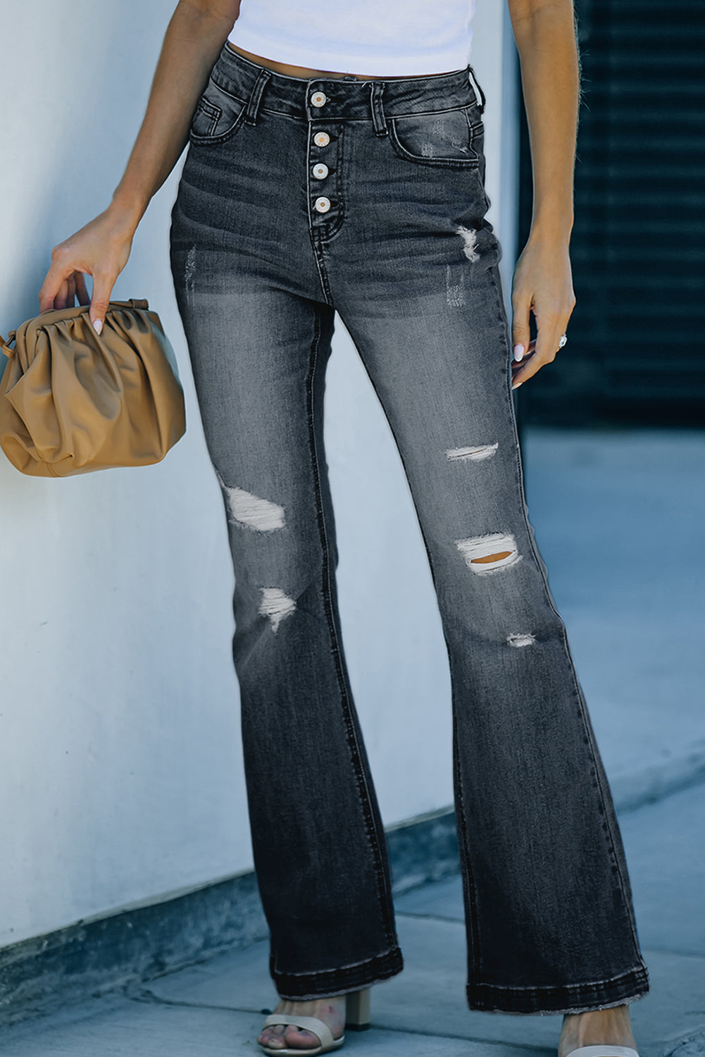 Distressed Button-Fly Flare Jeans - Premium Jeans - Just $58! Shop now at Nine Thirty Nine Design