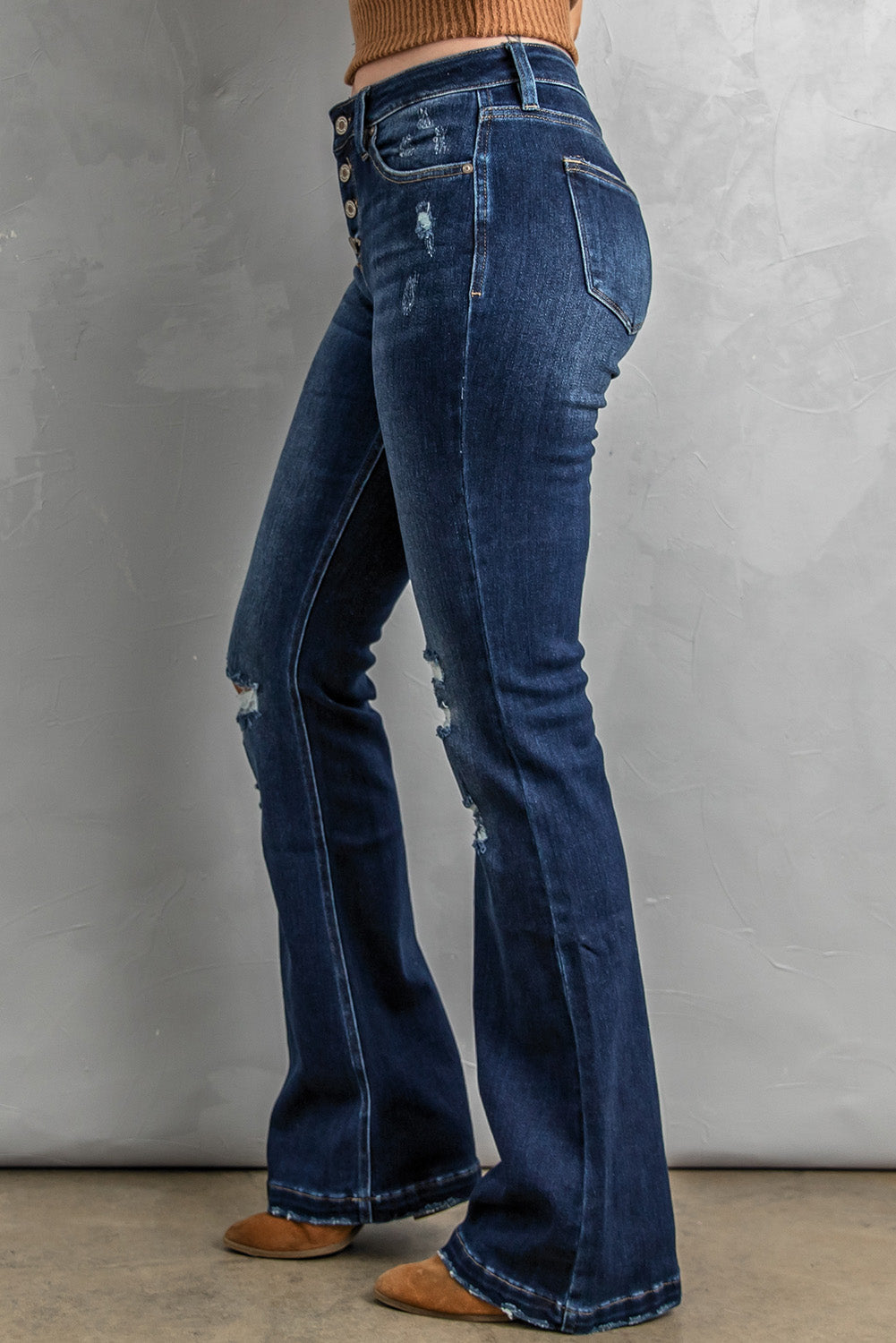 Button Fly Distressed Bootcut Jeans - Premium Jeans - Just $53! Shop now at Nine Thirty Nine Design