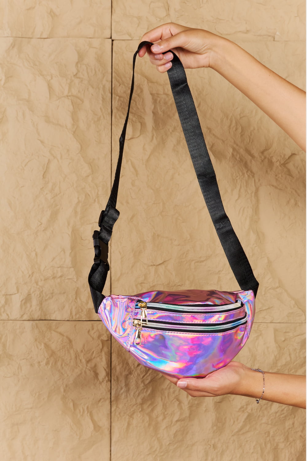 Fame Good Vibrations Holographic Double Zipper Fanny Pack in Hot Pink - Premium  - Just $25! Shop now at Nine Thirty Nine Design