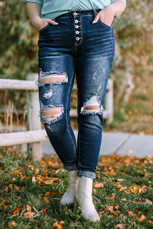 Plus Size Button Fly Distressed Jeans - Premium  - Just $65! Shop now at Nine Thirty Nine Design