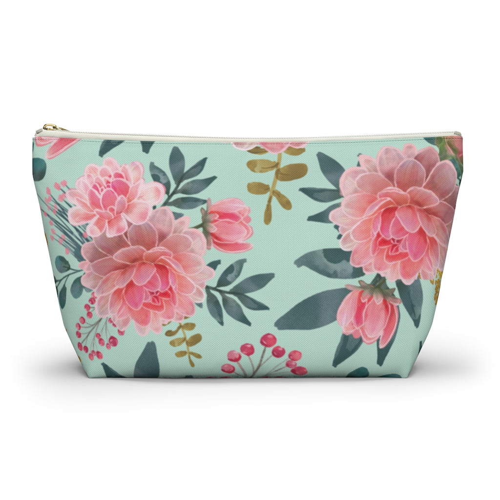 Mint Peony Accessory Pouch w T-bottom, Floral Bag, Flower Make Up Bag - Premium Bags - Just $17.95! Shop now at Nine Thirty Nine Design