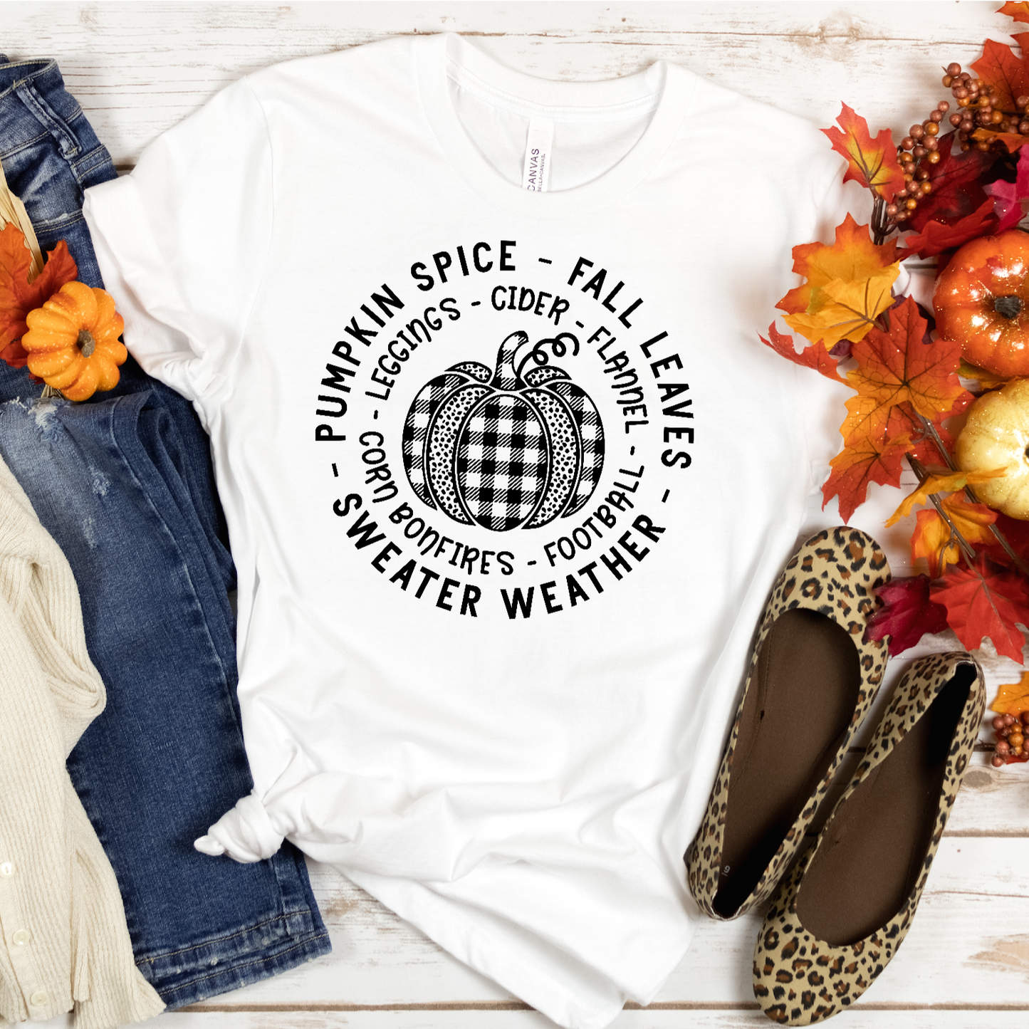 Pumpkin Spice Fall Leaves Sweater Weather Tshirt,  Fall T-shirt for Women, Plaid Pumpkin, Leopard Pumpkin Shirt - Premium T-Shirt - Just $24.50! Shop now at Nine Thirty Nine Design