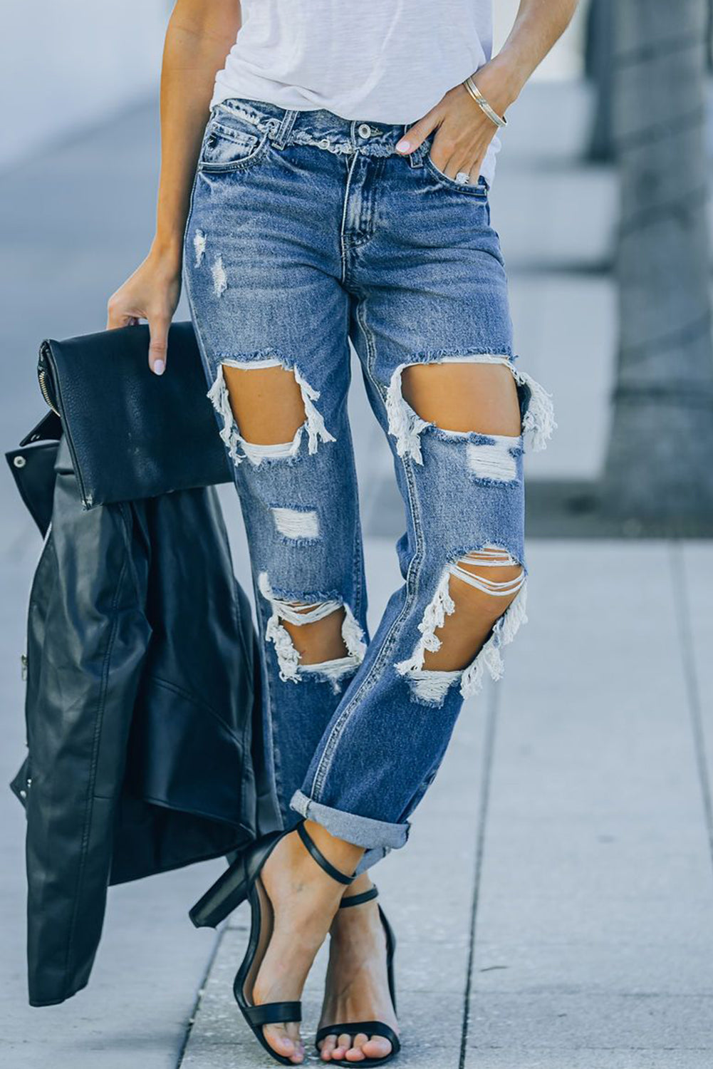 Distressed Frayed Trim Straight Leg Jeans - Premium Jeans - Just $54! Shop now at Nine Thirty Nine Design