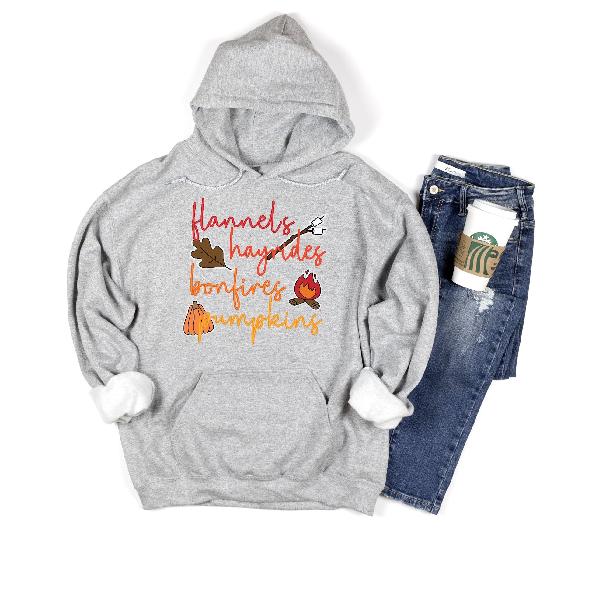 Flannels Hayrides Bonfires Pumpkins Shirt, Rainbow Font Shirt, Fall Shirt, Womens Fall Shirt, Thanksgiving Shirt, Pumpkin Shirt, Autumn Tee - Premium Hoodie - Just $29.50! Shop now at Nine Thirty Nine Design