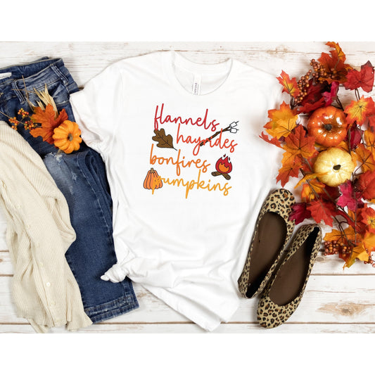 Flannels Hayrides Bonfires Pumpkins Shirt, Rainbow Font Shirt, Fall Shirt, Womens Fall Shirt, Thanksgiving Shirt, Pumpkin Shirt, Autumn Tee T-Shirt