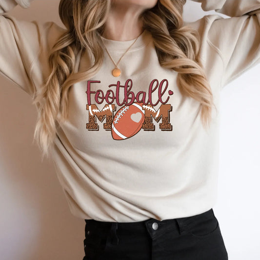 Football Mom Womens Crew Neck Sweatshirt with leopard print in sand color