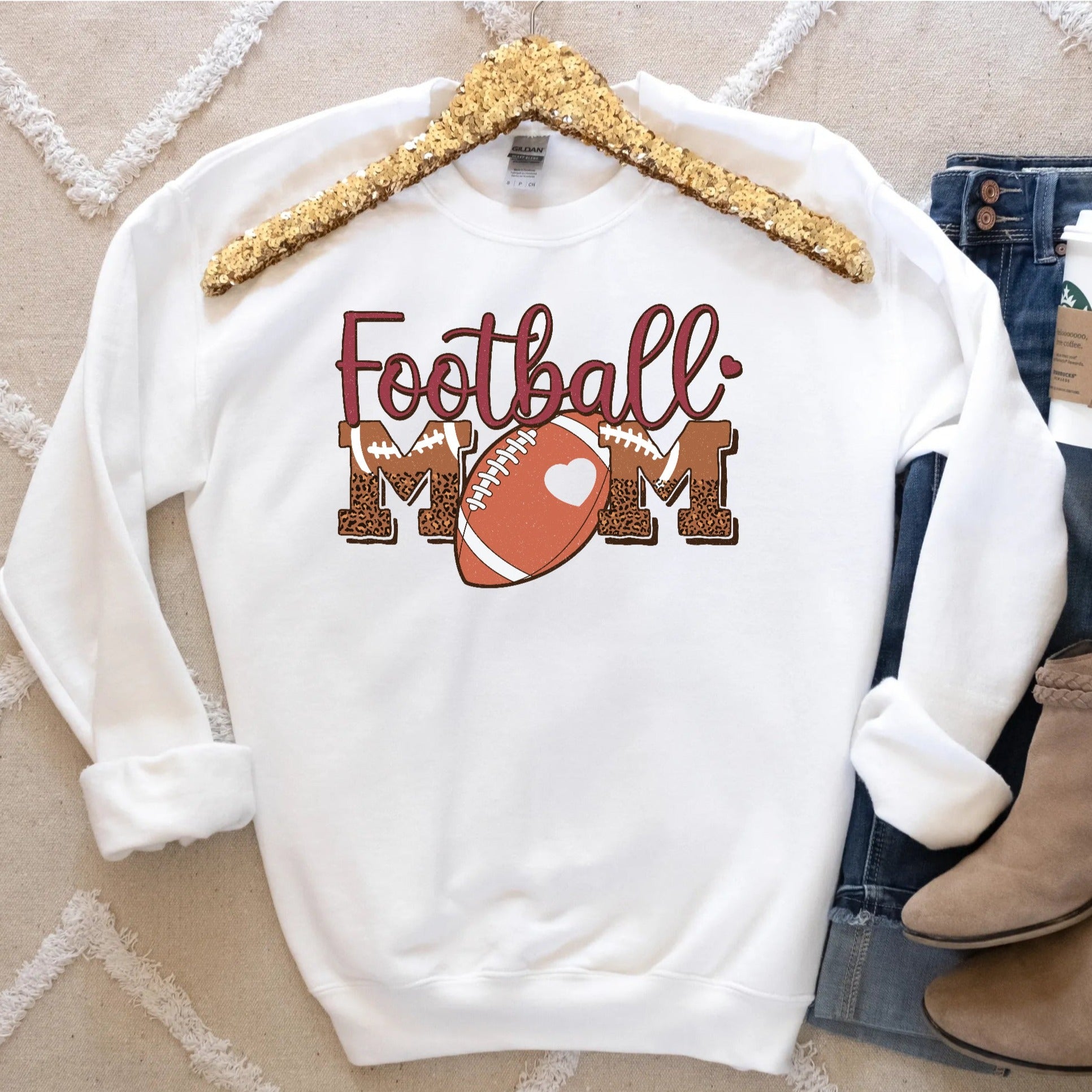 Football Mom Womens Crew Neck Sweatshirt with leopard print in white color