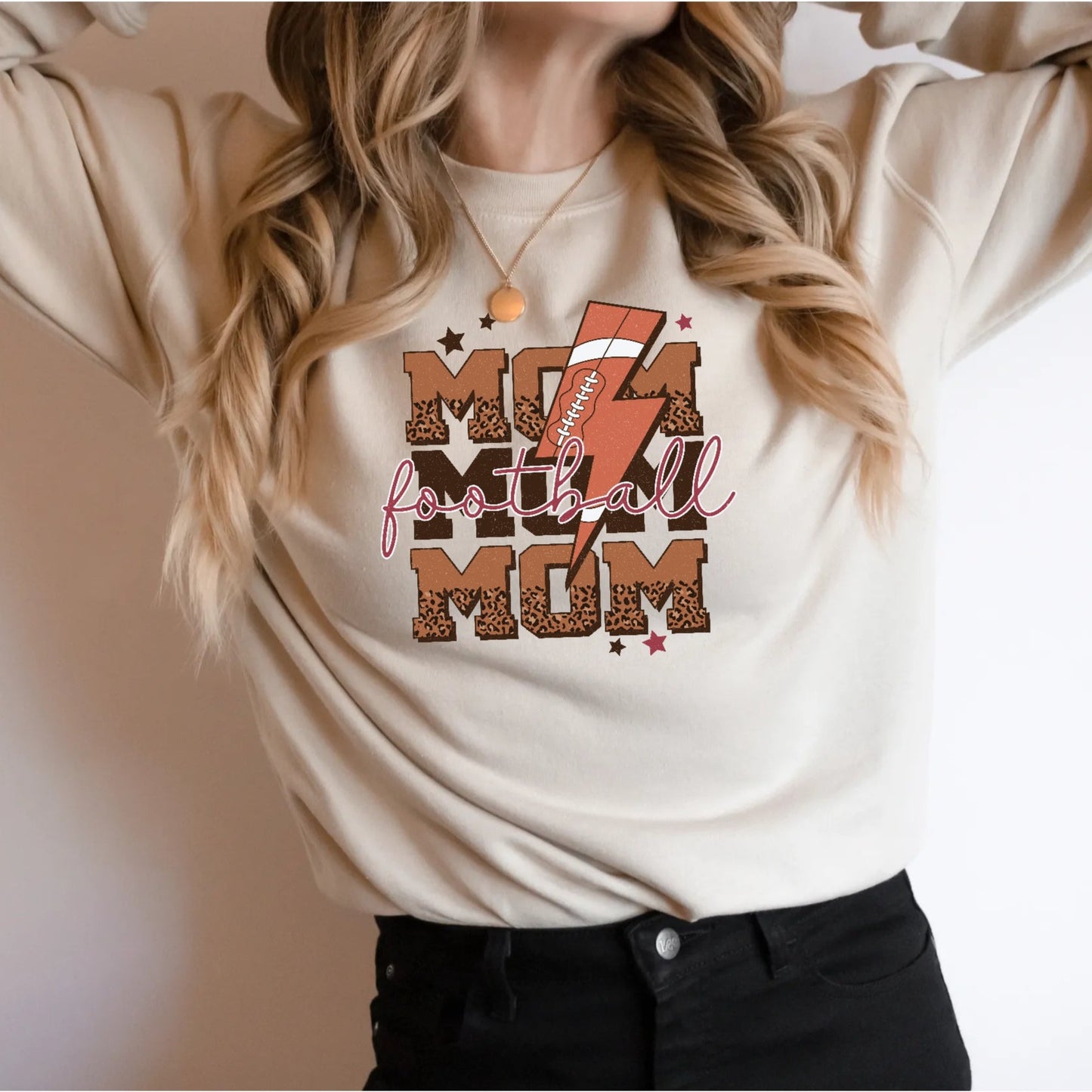 Retro Football Mom Crewneck Sweatshirt with lightening bolt and leopard print detail in sand color