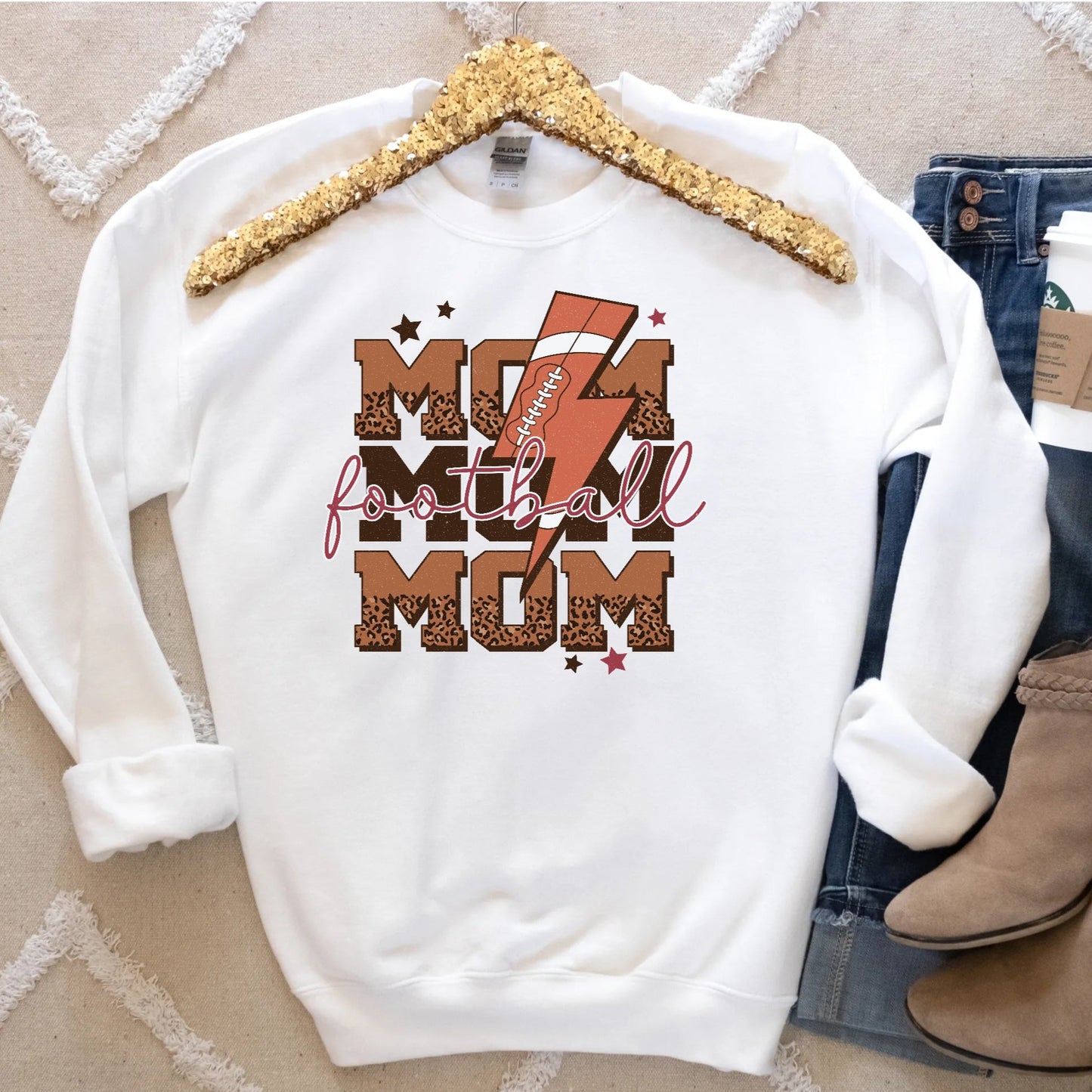 Retro Football Mom Crewneck Sweatshirt with lightening bolt and leopard print detail in white color sweatshirt