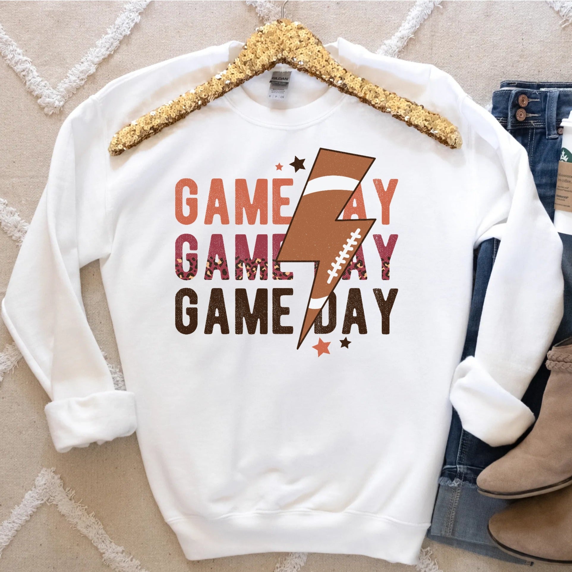 Retro Game Day Football Leopard Womens White Sweatshirt