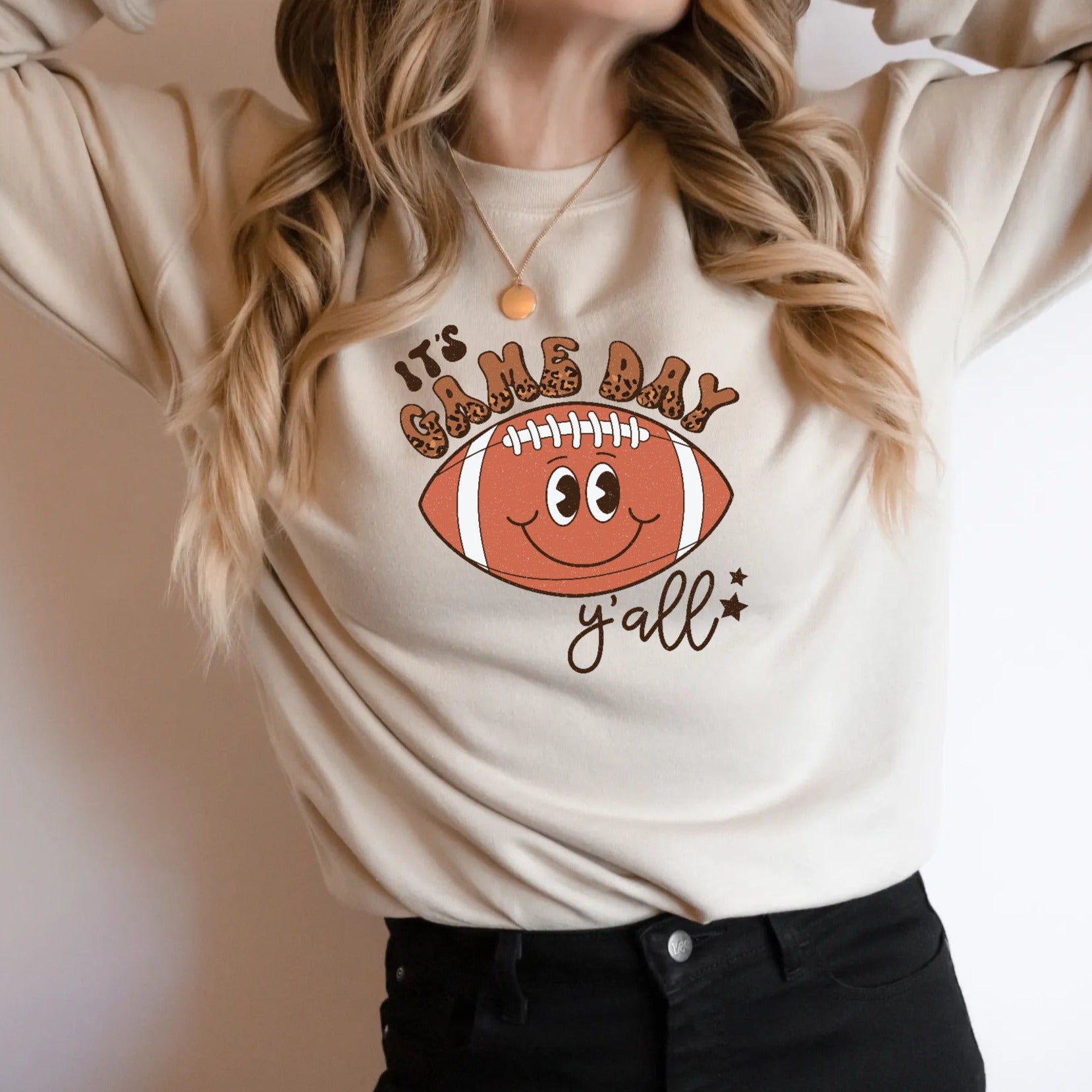 Its Game Day Yall Retro Leopard Womens Sweatshirt in Sand Color