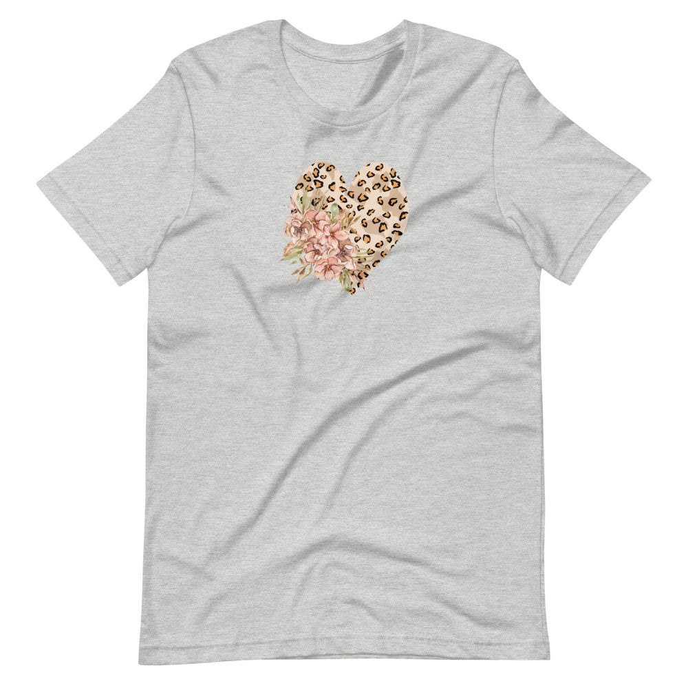 Leopard Heart TShirt, Leopard Heart with Flowers, Womens Graphic TShirt, Valentines Day Shirt, Floral Heart, Watercolor Shirt, Trendy Love 