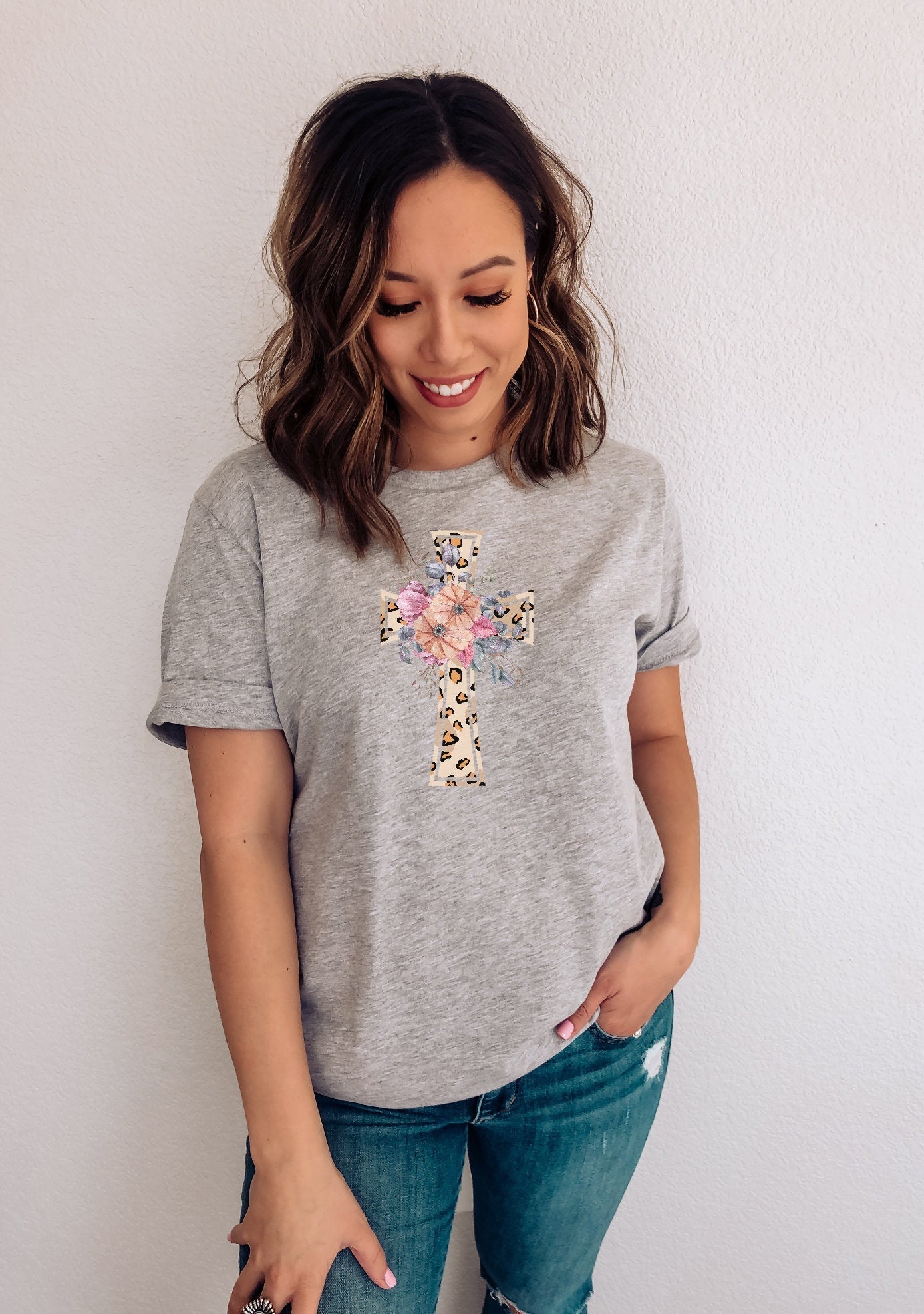 Leopard Floral Cross TShirt, Christian Shirt, Women's Easter T-shirt, Watercolor Cross Shirt, Faith Tee, Easter Gift, Easter Sunday Outfit - Premium  - Just $24.50! Shop now at Nine Thirty Nine Design