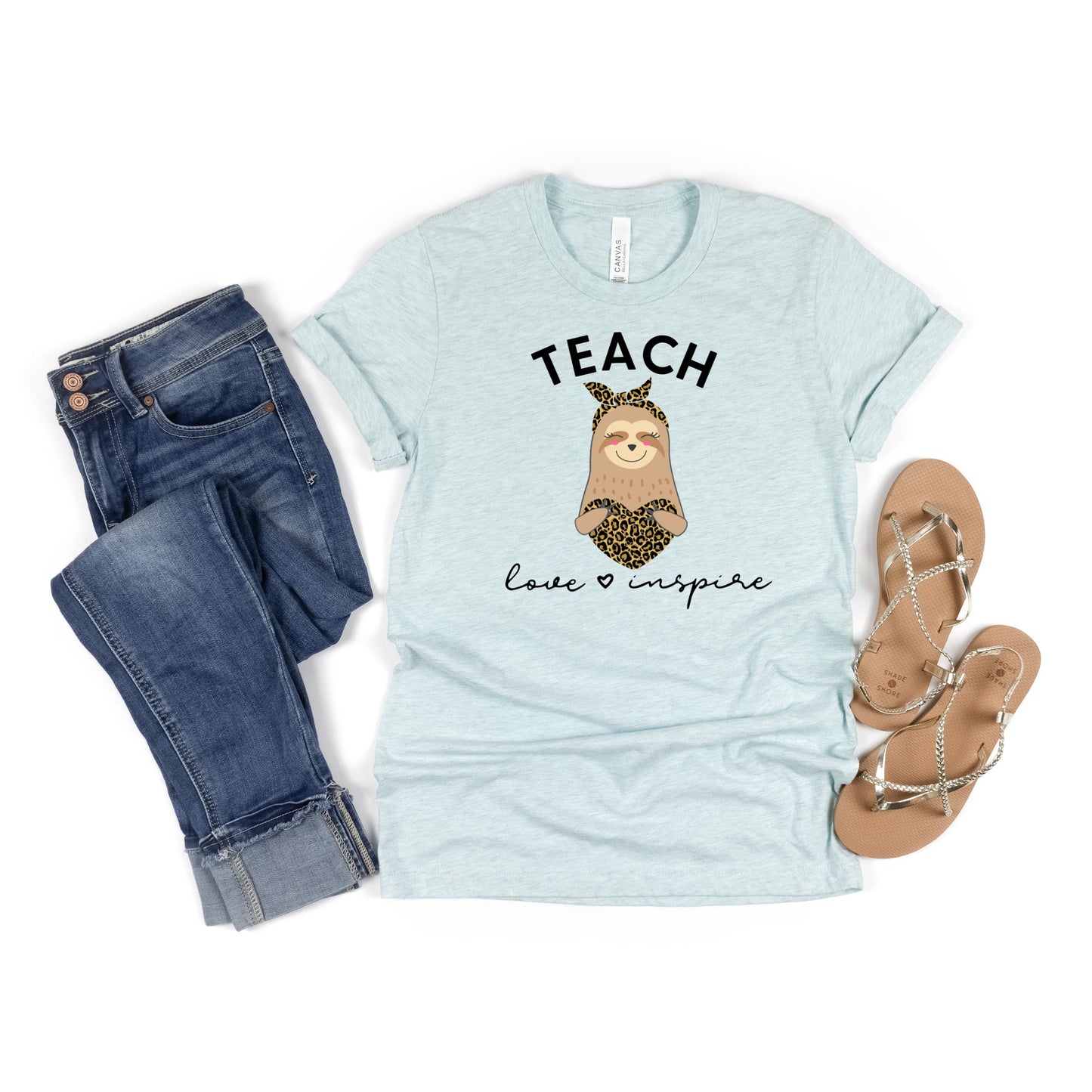Teach Love Inspire, Teacher Sloth Shirt, Leopard Teaching Shirt - Premium T-Shirt - Just $21.50! Shop now at Nine Thirty Nine Design