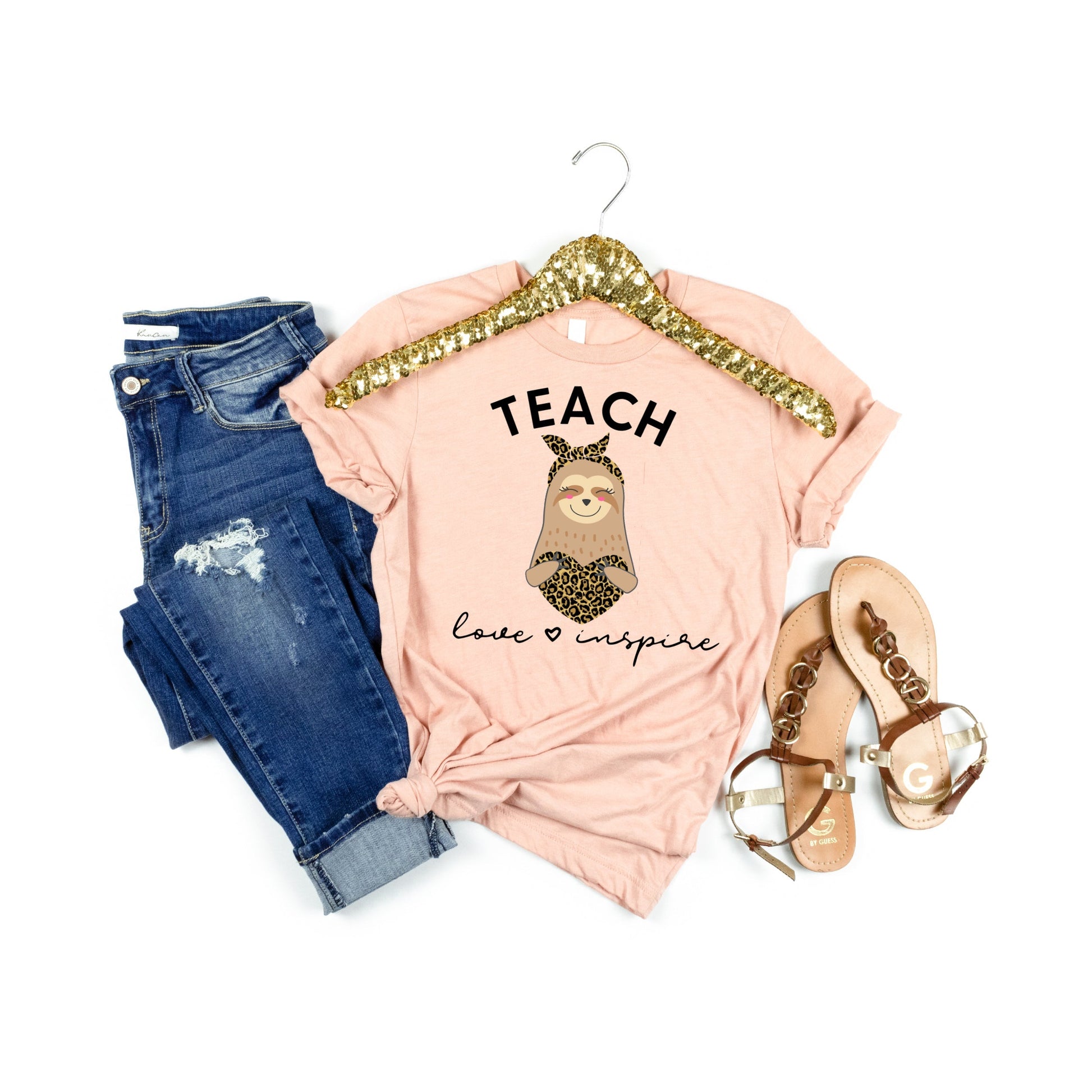 Teach Love Inspire, Teacher Sloth Shirt, Leopard Teaching Shirt - Premium T-Shirt - Just $21.50! Shop now at Nine Thirty Nine Design